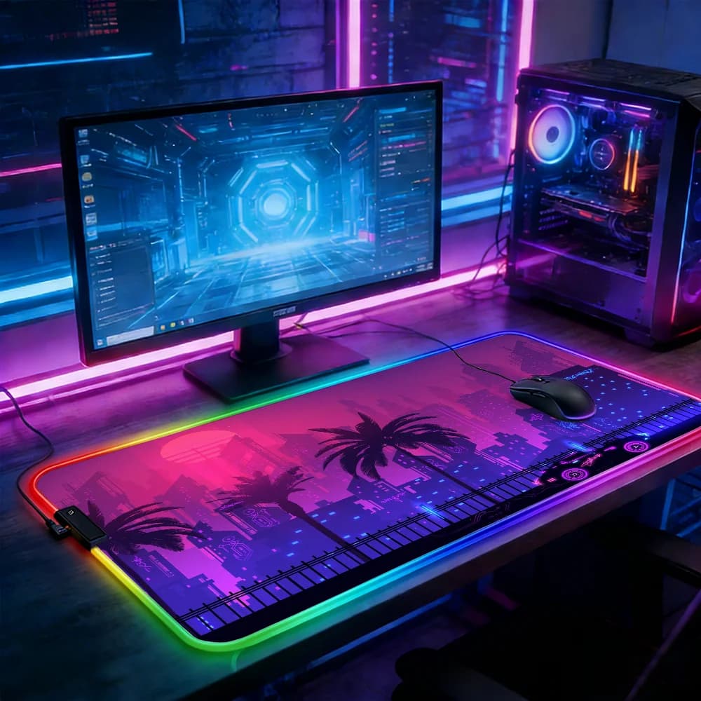 Tappetino per mouse RGB con illuminazione a LED, tappetino per tastiera da gioco e-sport, tappetini da tavolo Cyber ​ ​ Tappetino per mouse Neon City Car, accessori per laptop da gioco, tappetino da scrivania