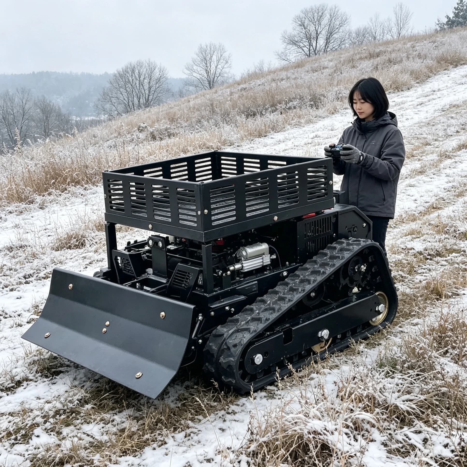 Customized Black 550 Mulching Crawler Self‑propelled Remote‑control Brush Cutter Lawn Mower 4‑stroke Engine with Snow Shovel Car