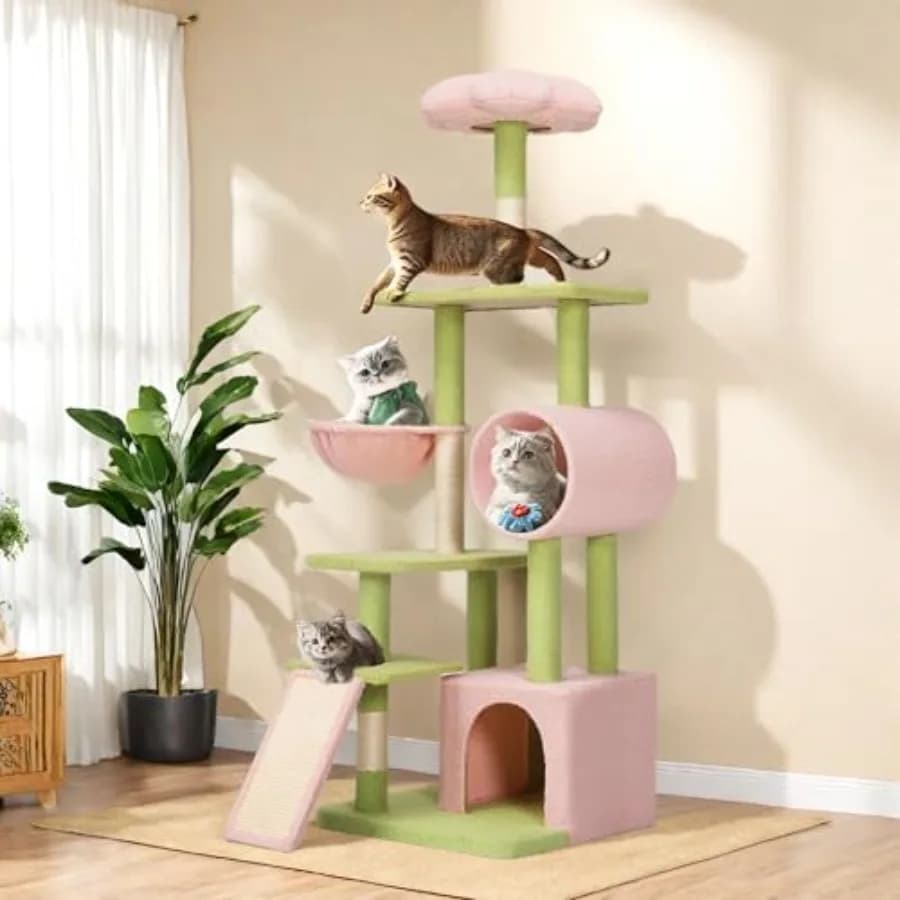 Torre per Gatti Alta 65 Pollici con Cuccia, Tunnel, Posti Graffi in Sisal e Tavola, Rosa e Verde