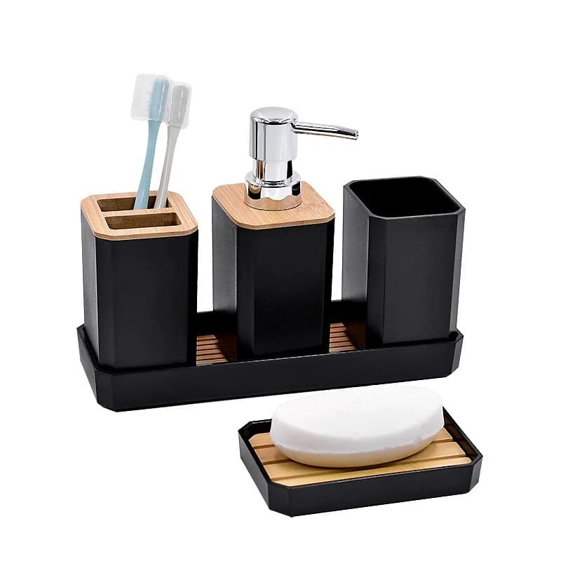 Set di accessori per il bagno Vanity Counter Dispenser di sapone Spazzolino da denti Porta batuffoli di cotone e set di vassoi Decorazioni per il bagno Barattoli di farmacia
