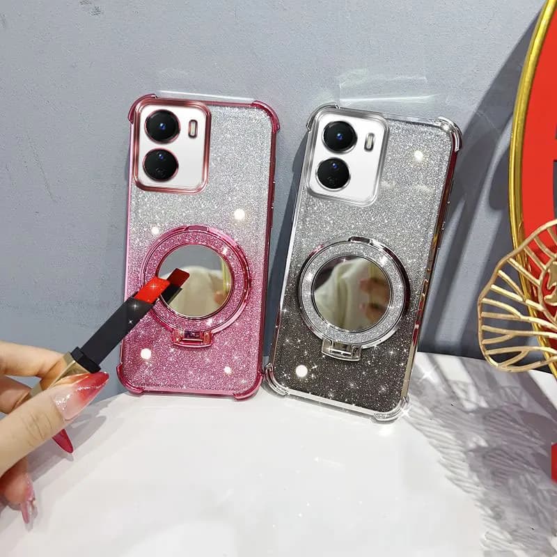 Custodia per telefono antiurto a quattro angoli con glitter, specchio integrato e cinturino con perline per Vivo Y16 4G