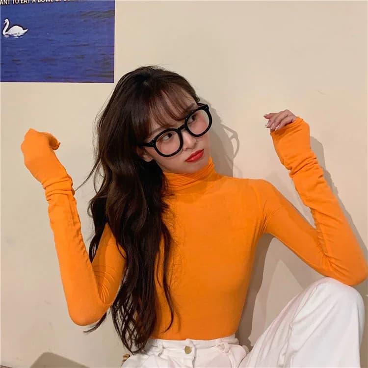Slimming Bright Orange High Neck Basic Style Women's T-shirt Underwear Top Korean Version All Cotton Long Sleeve Regular Fit