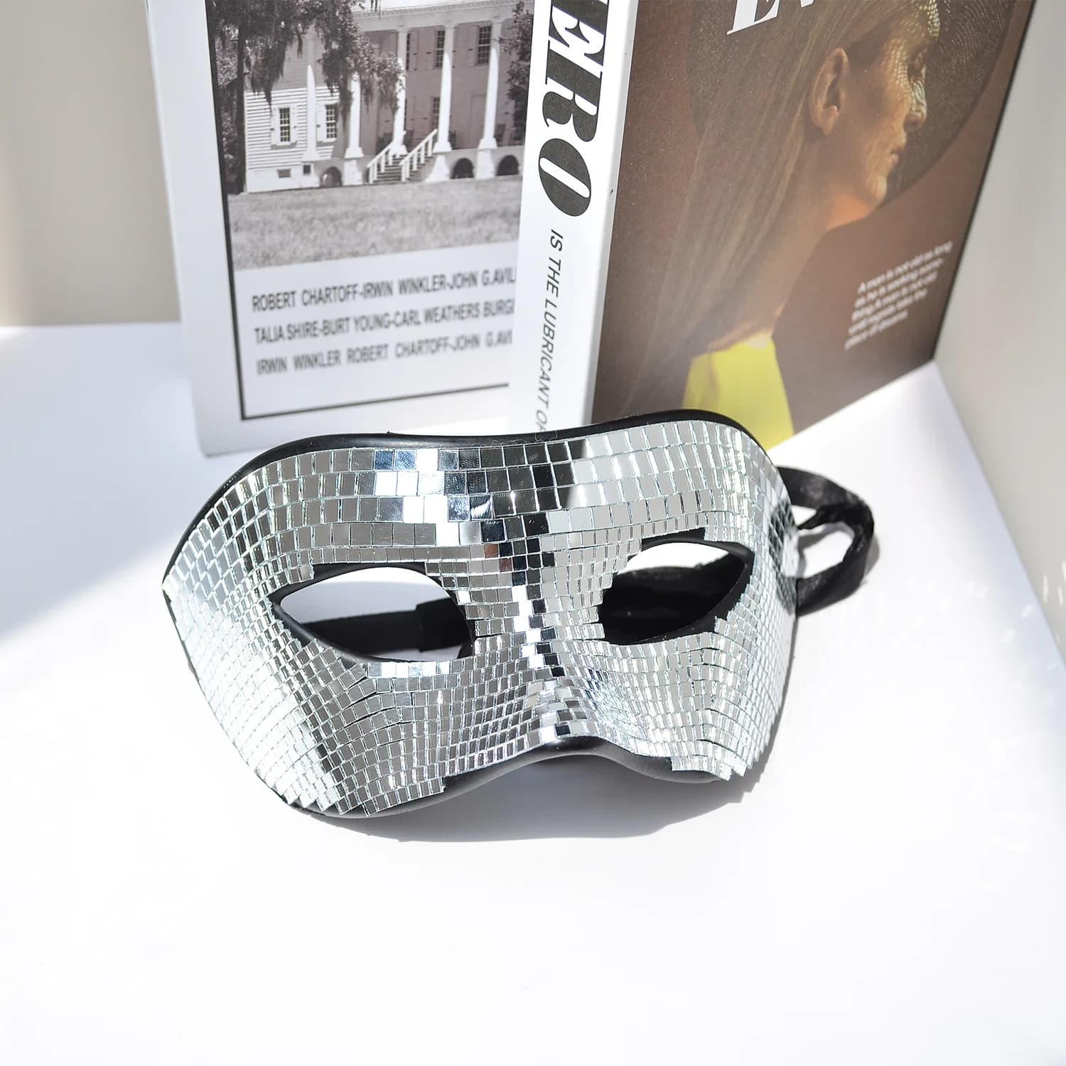 Maschera per il viso glitterata con palla da discoteca Maschera per travestimento veneziano per donna Uomo Festa da ballo Copri occhi a specchio argento brillante Halloween