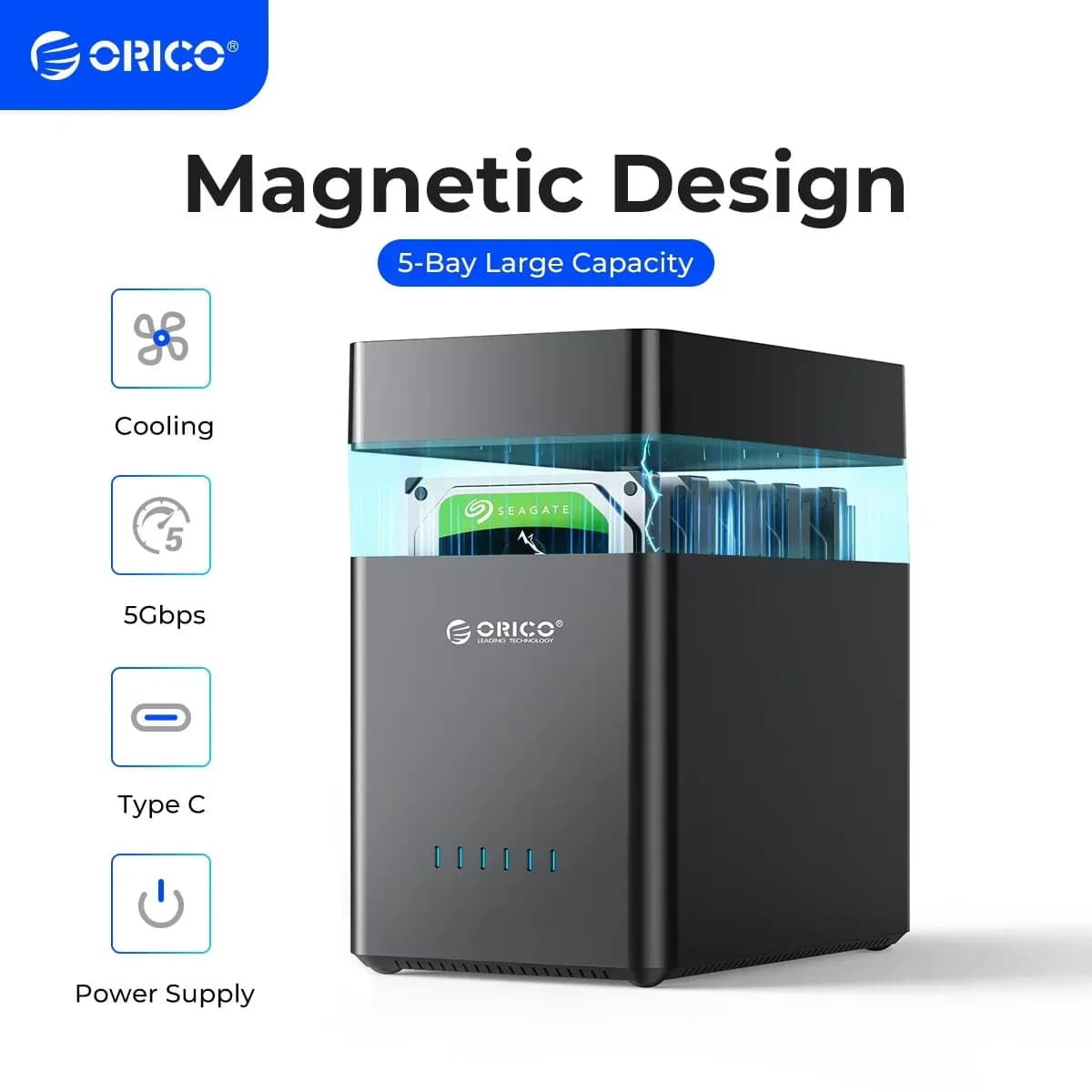 ORICO Custodia per disco rigido da 3,5 pollici a 5 alloggiamenti Custodia per docking station HDD esterna magnetica senza attrezzi con adattatore di alimentazione 12V/6,5A 90TB