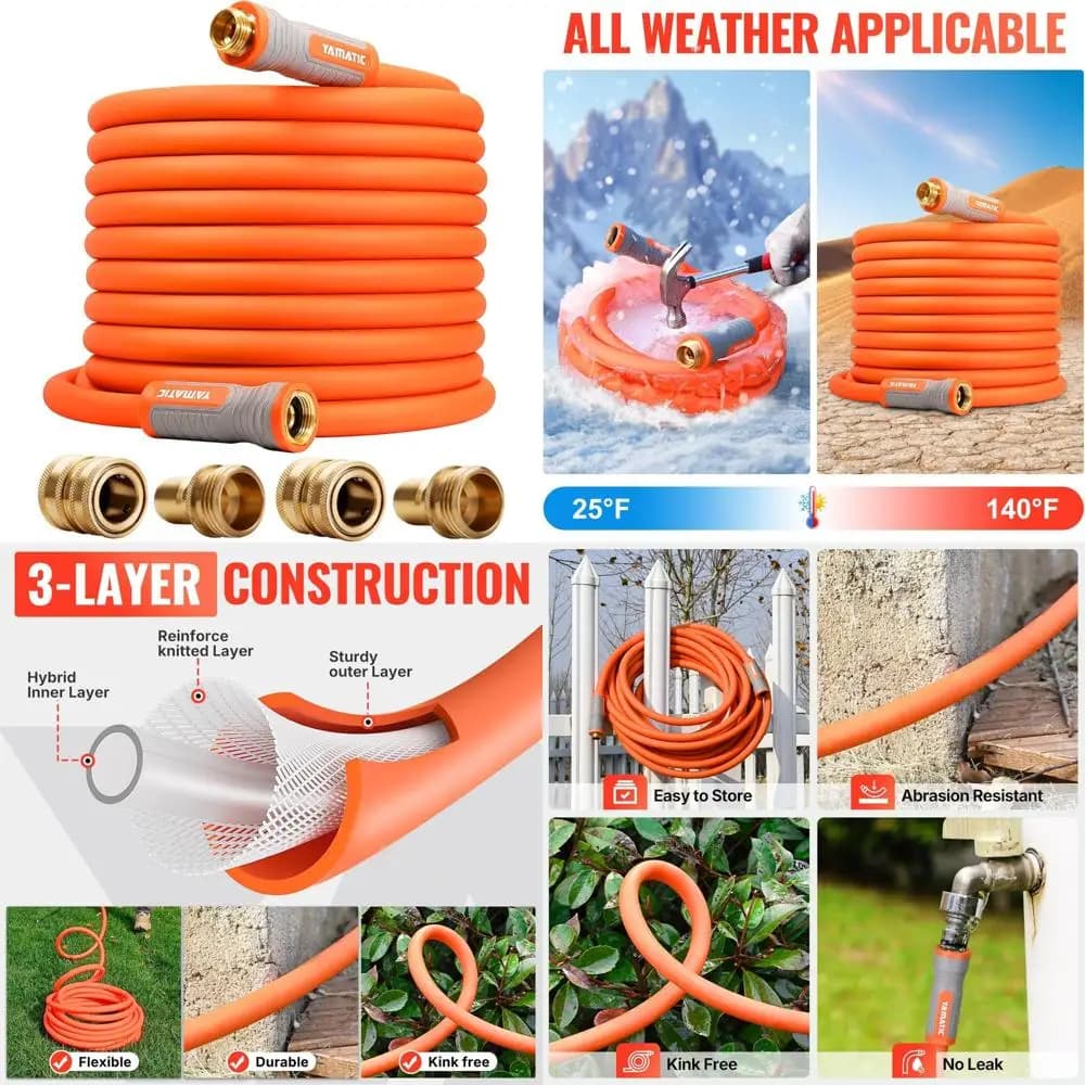 75-foot flexible and light garden pipe with 5/8 inch diameter, ergonomic swivel fittings, 600 PSI burst pressure, durable for