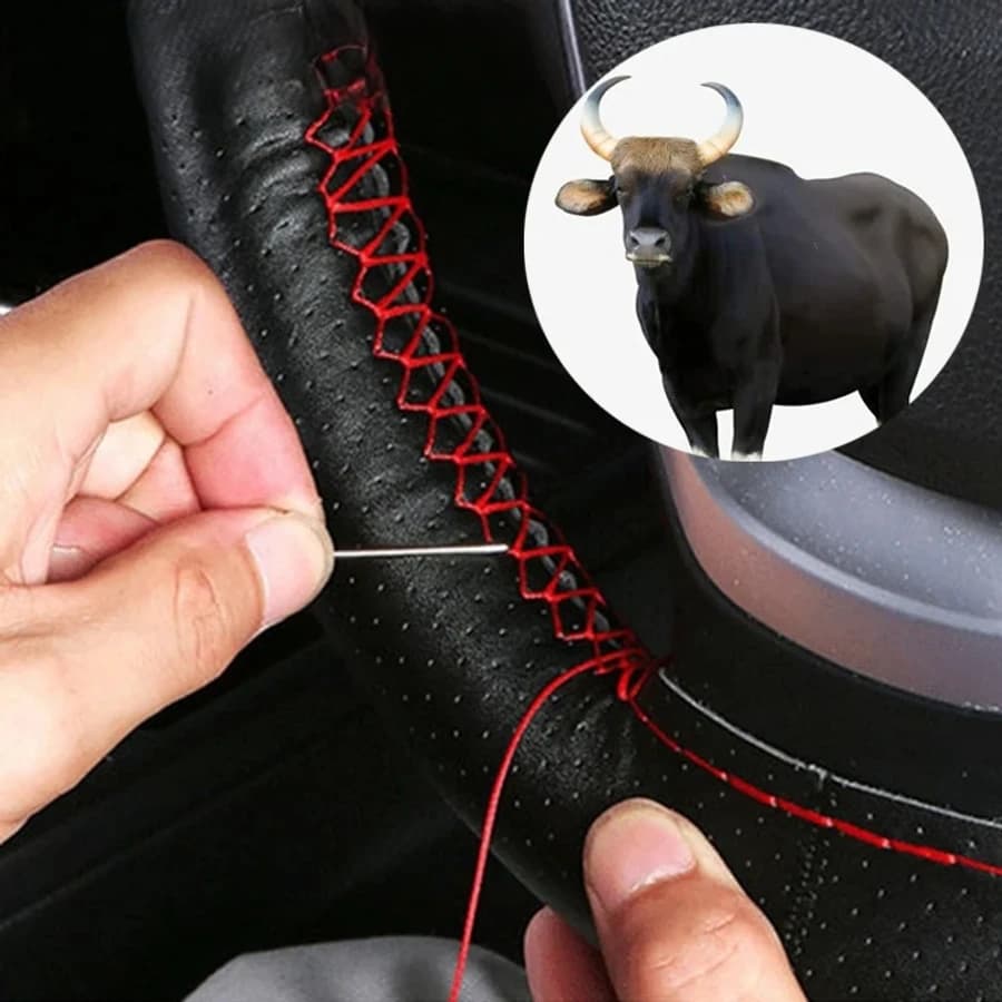 Coprivolante per auto in vera pelle con aghi filo treccia fai da te 37-38 cm protezione antiscivolo per volante in pelle bovina