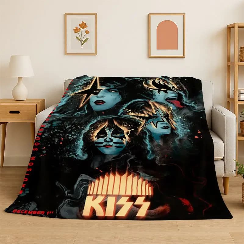 Retro Kiss Rock Heavy Metal Band Flannel Blanket Soft Warm Throw Blanket for Bedroom Living Room Bed Travel Camping Picnic Gift