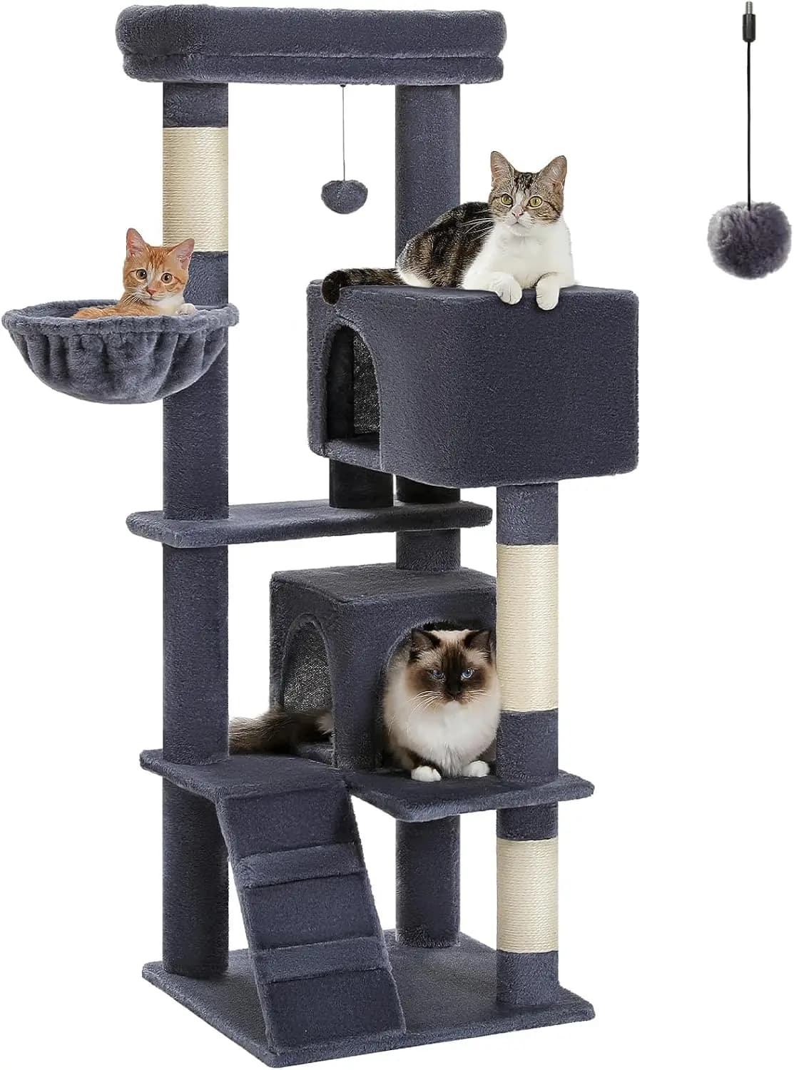 Torre per Gatti Multi-Livello da Interno, 56,3 Pollici, in Sisal e Peluche, Grigio Scuro, con Cucce, Tiragraffi, Grotte, Amaca e Rampa