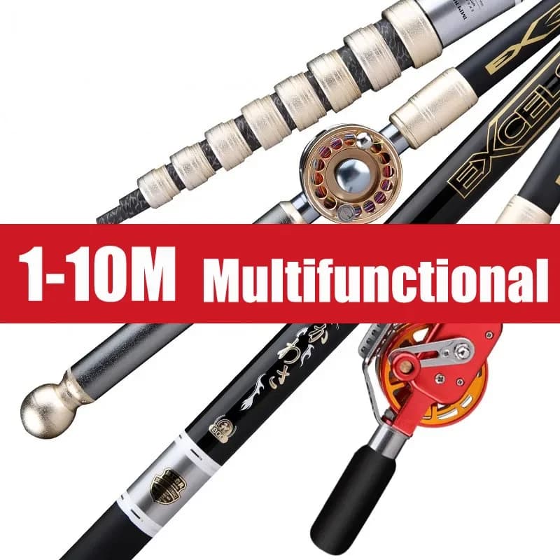 Set Canna da Pesca e Mulinello Multifunzione in Carbonio ad Alta Resistenza 3.6-10M, Ultraleggero e Super Resistente per Pesca a Mano