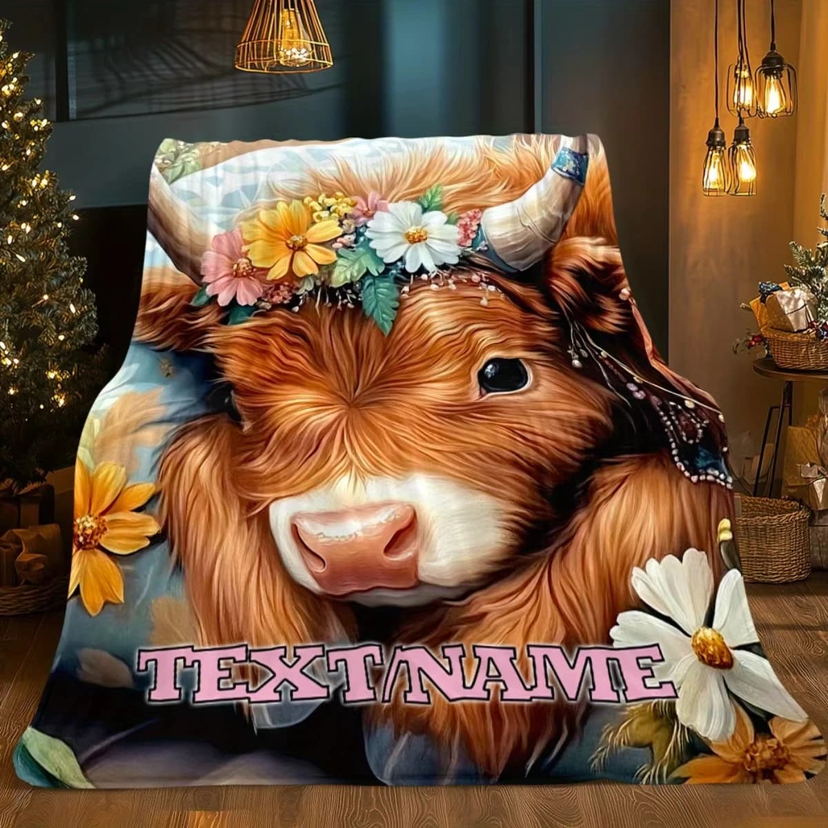 Personalized Highland Cow with Floral Crown & Name Custom Blanket Scottish Cow Plaid-Like Print Soft Flannel Throw for Bed, Sofa