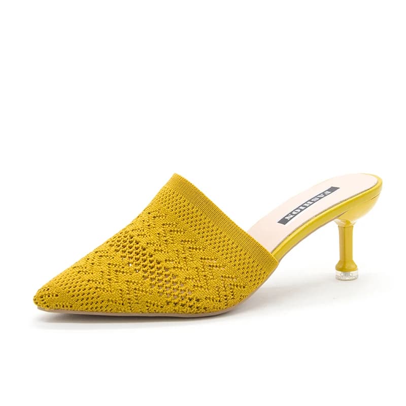 Summer Women Slippers Yellow Black Knitted Slides Mules Elegant Mesh Breathable Med Heel Slippers Closed Toe Slides Party Shoes