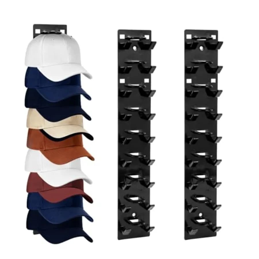 2 Pack Black Hat Organizer - Hat Rack for Wall and Cap Organizer, Strong Adhesive Multilayer Storage Holder, Wall Mounted Hooks