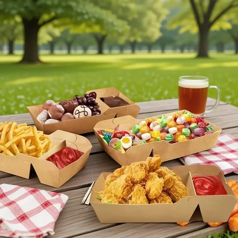 50pcs Disposable Kraft Paper Food Serving Tray Two Grids Snack Chicken Salad Carton Take Out Containers For Party