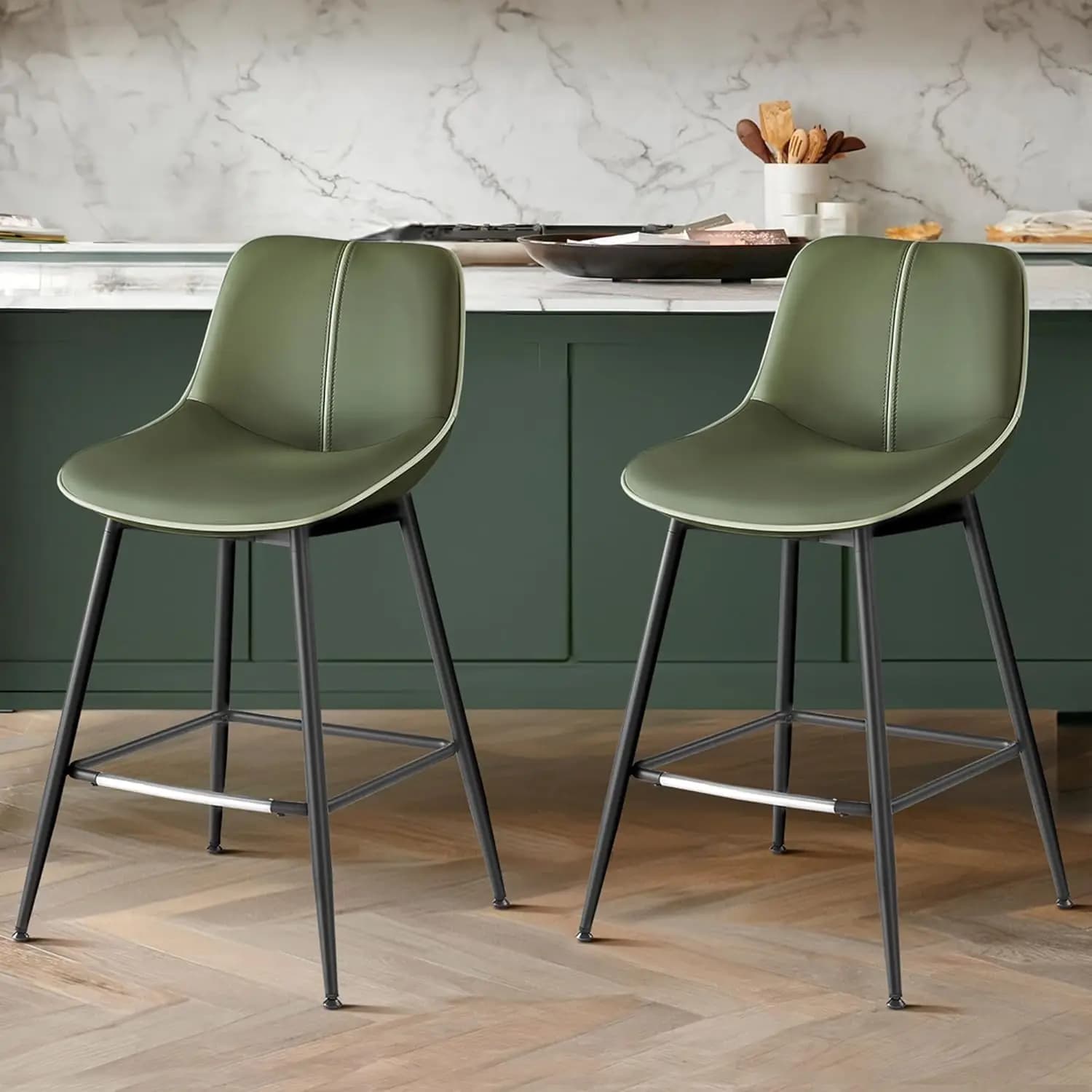 Set di 2 sgabelli da bar, sgabelli da bar ad altezza bancone con schienale, schienale ergonomico, pelle sintetica, gambe in metallo, altezza 24,8 pollici B