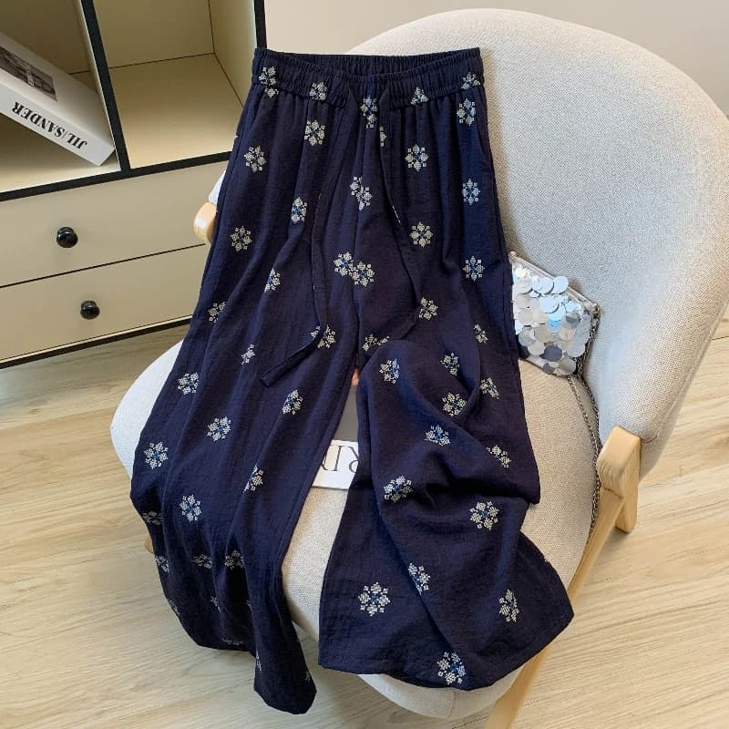 High Waist Slimming Print Straight Leg Pants Women Summer Loose Concealing Ice Silk Linen Drapey Wide Leg Casual Trousers Lon...