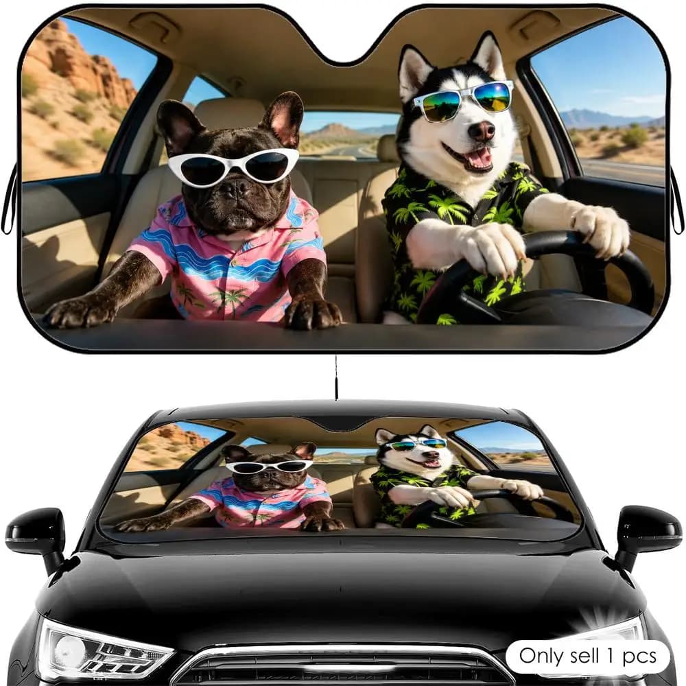 Parasole per Auto Husky e Frenchie, Protezione UV per Parabrezza Anteriore, Scudo Termico Pieghevole Universale