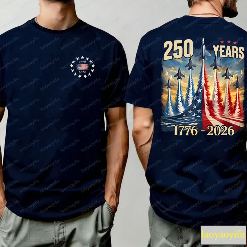 Unisex 100% Cotton T-Shirt Commemorating Years of American Independence (1776-2026) Patriotic Jet Flyover & Flag Graphic Top