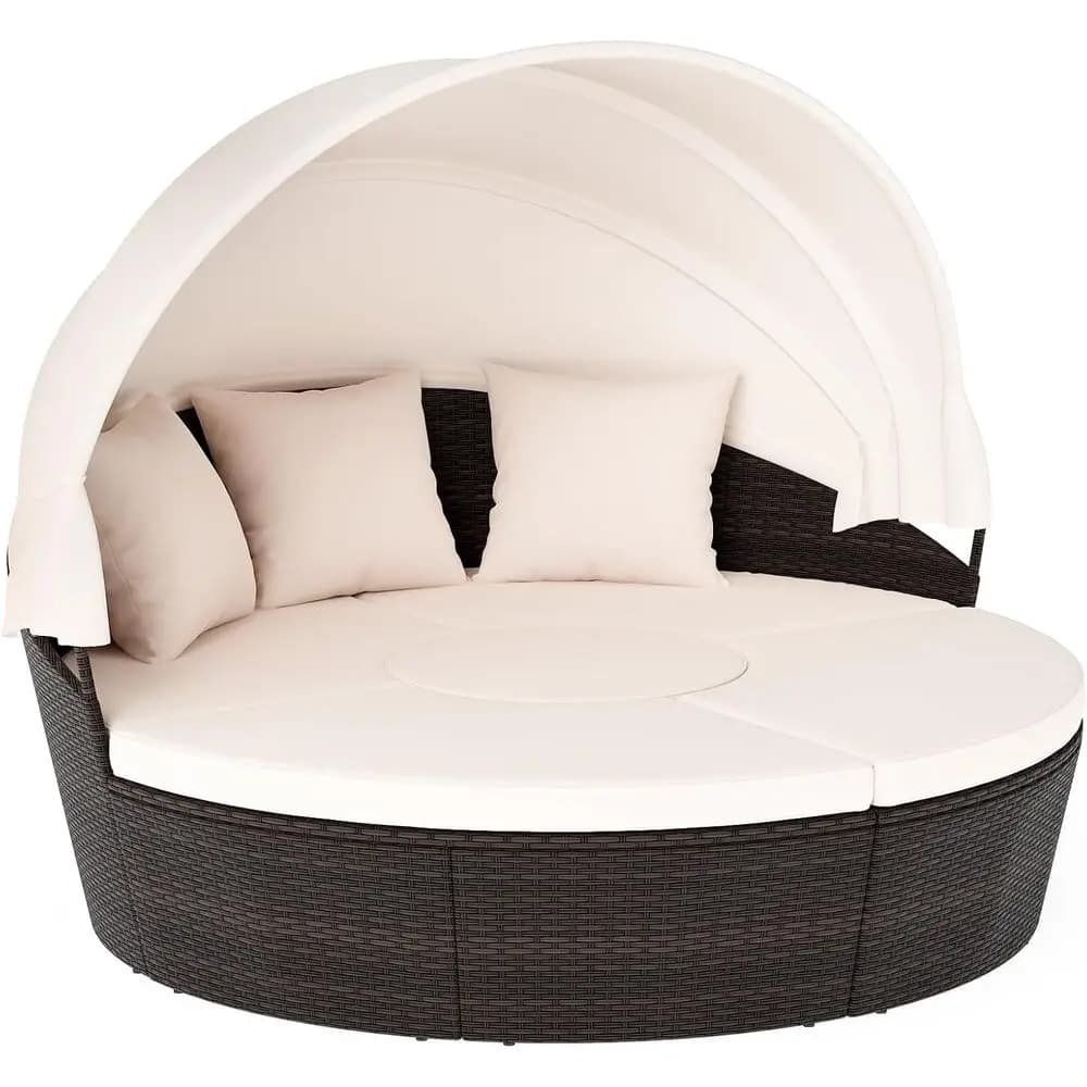 Patio Round Daybed with Retractable , PE Rattan Cushioned Sectional Seating with Center Table, Soas, Couch & Throw Pillows, Outd