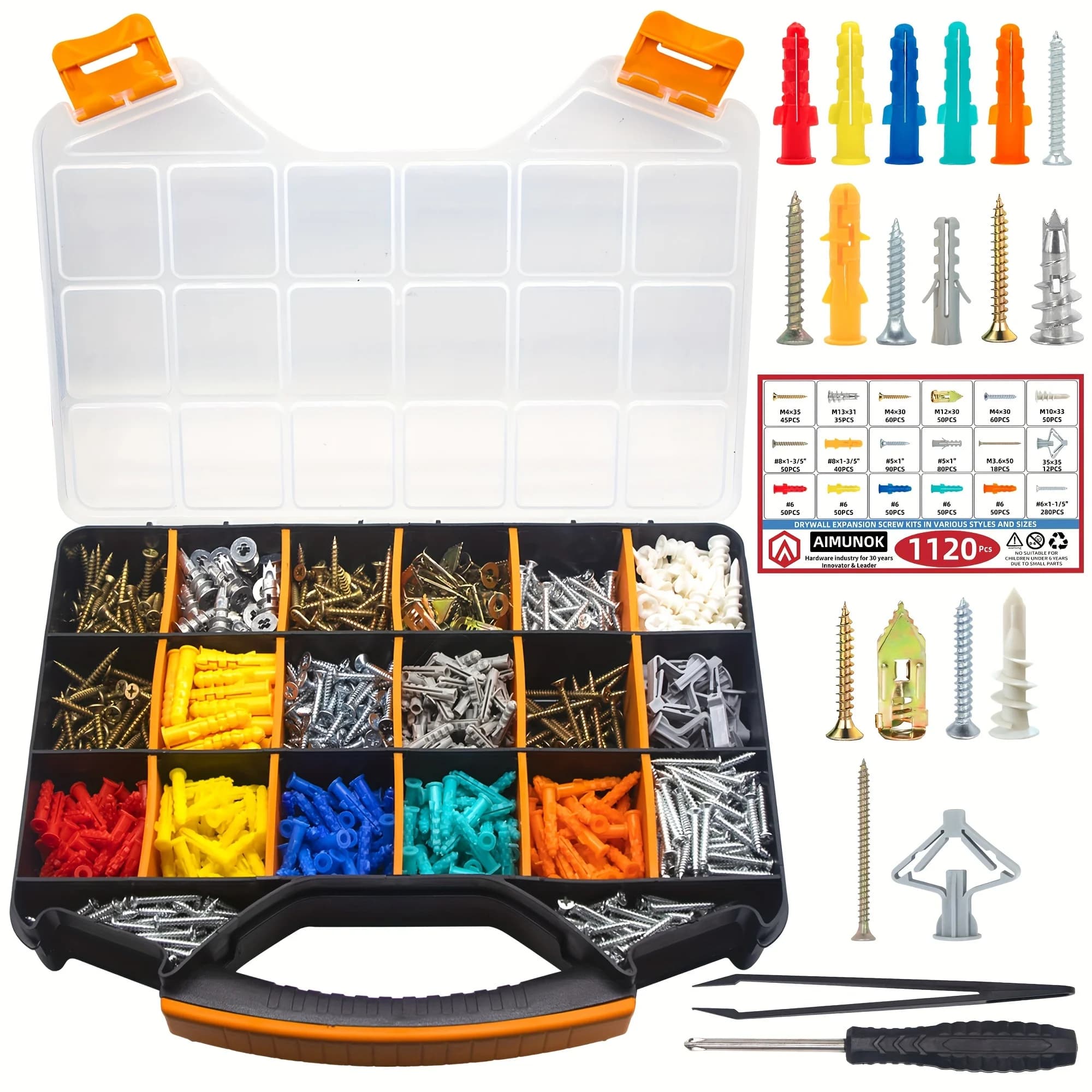 AIMUNOK 1120-Piece Value Combo Set Plastic Drywall Anchor Kit With Screws And Hollow-Wall Anchors Mounts, 7 Sizes Total Plus Screw Tweezer Tool Set
