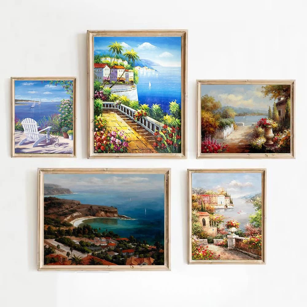 1pc frameless Garden Town Seaside Landscape Oil Canvas Painting Modern Wall Picture for Living Room Home Decor Wall Art No Frame
