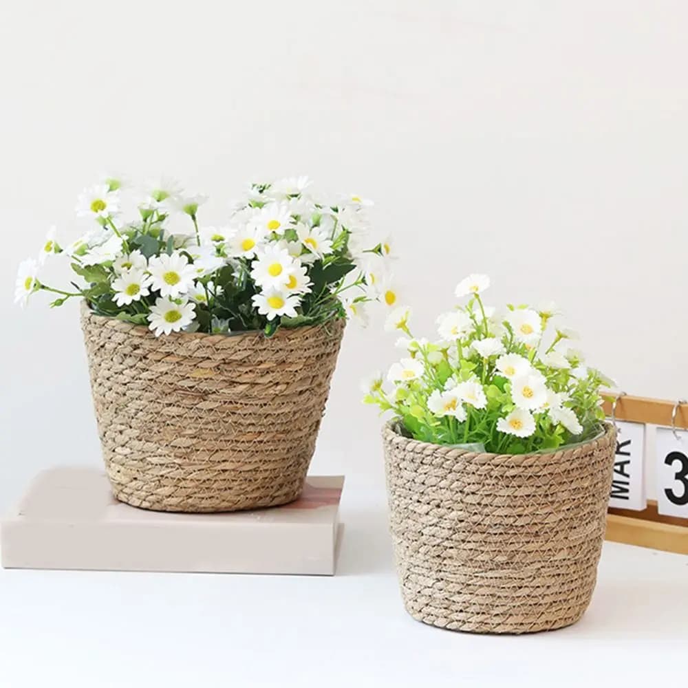 S/M/L Straw Weaving Flower Plant Pot Handmade Decorative Grass Woven Planter Basket Leakproof Flowerpot Storage Baskets for Home