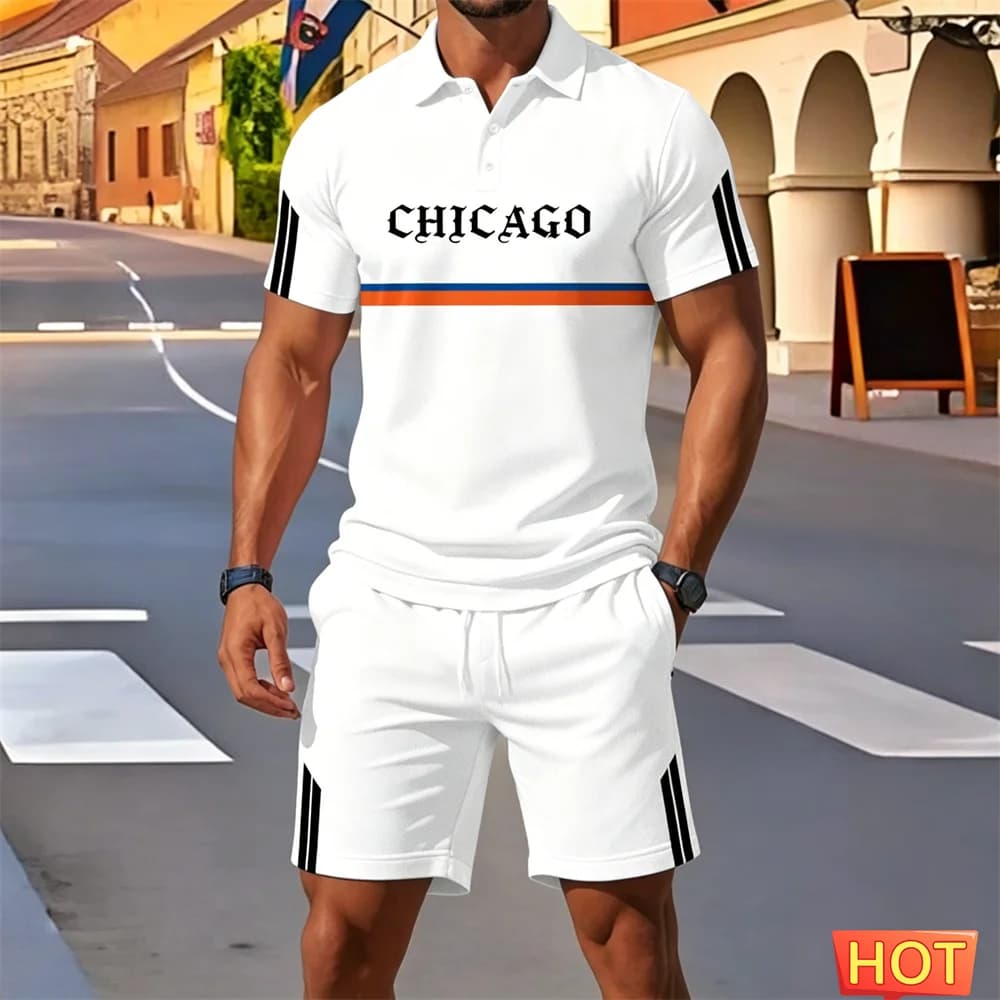 Completi estivi da uomo a due pezzi, set polo sfumato con lettere e strisce, polo con bottoni, set sportivo traspirante da uomo a due pezzi, abbigliamento da uomo.