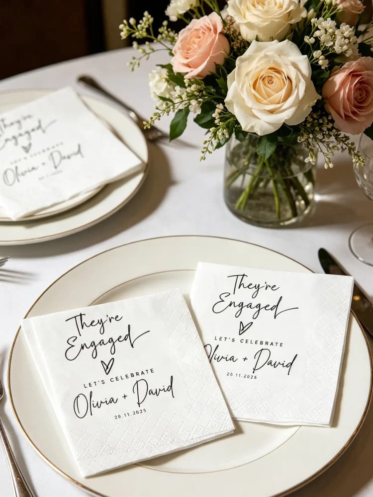 Personalized They're Engaged Cocktail Luncheon Beverage Napkins Custom Simple 3 Ply Disposable Paper Napkins Engagement