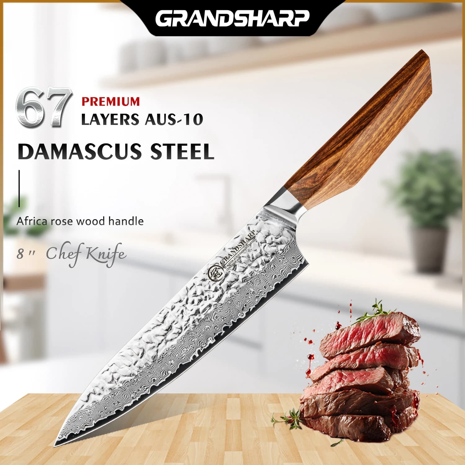 Chef knife Grandsharp 8'''' 67 layers Damascus steel AUS-10 Professional kitchen knife with pink wood handle Africa to cook