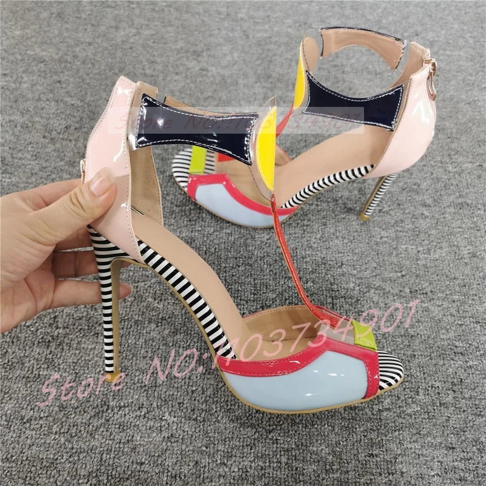 Colori misti Sandali romani Donna Casual Open Toe Cinturino alla caviglia T-Bar Punta tonda Tacchi alti a spillo Scarpe Lady Party Sandali alla moda