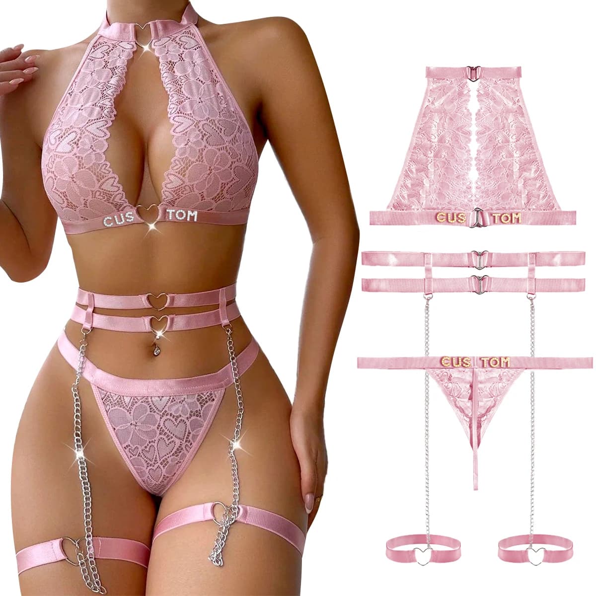 Set di biancheria intima sexy con nome personalizzato Set di top in pizzo fantasia prospettiva 3 pezzi Corsetto trasparente Set di reggiseno e perizoma trasparente