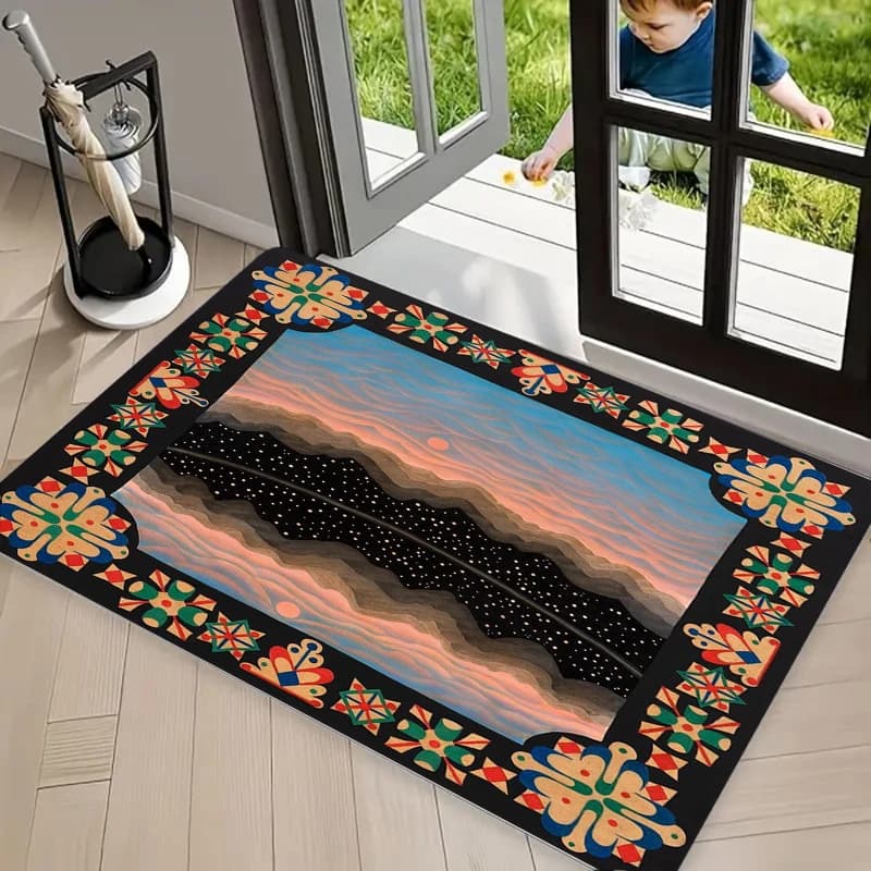 Tappeto Bohemien Astratto con Paesaggio, Tappetino Decorativo per la Casa, Tappeto Etnico con Bordo Geometrico per Ingresso, Soggiorno, Camera da Letto