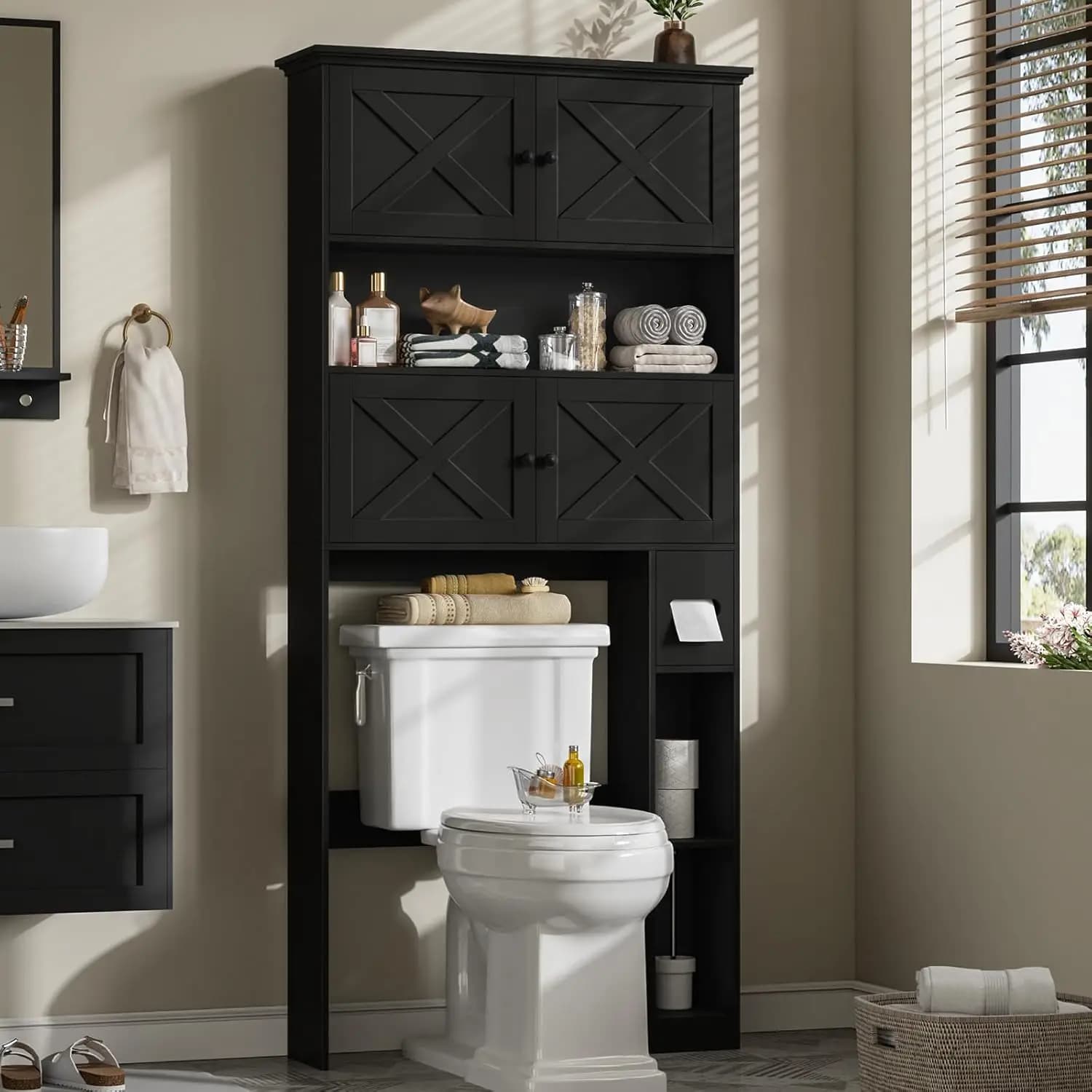 Mobiletto Salvaspazio da Bagno Stile Rustico con 4 Ante Scorrevoli e Portarotolo, Nero