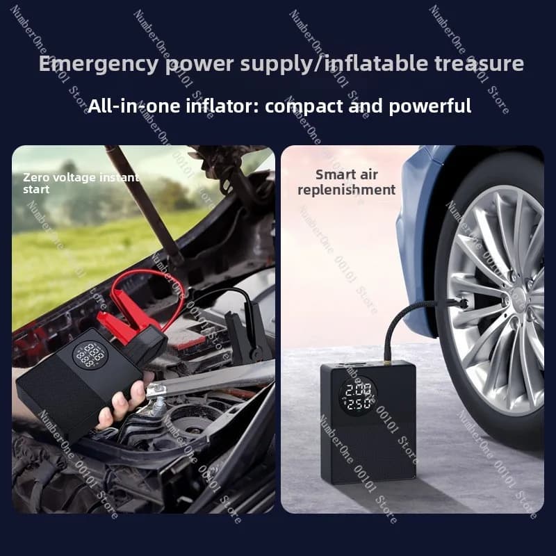 Dispositivo integrato con pompa gonfiabile a bordo e alimentatore di emergenza, avviatore per batteria auto, avviatore multifunzione.