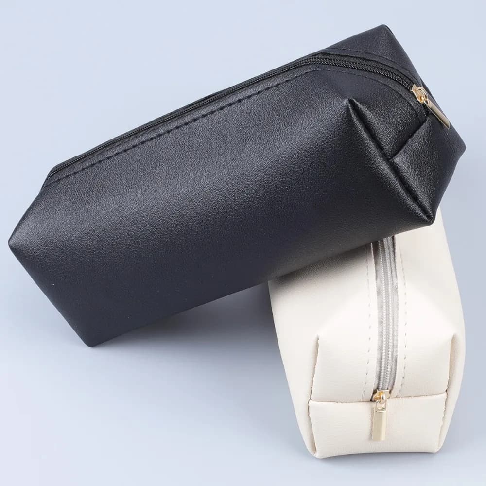 1PC PU Leather Zipper Pen Pencil Bag Simple Beige/Black Storage Pouch for Pens Stationery School Mini Makeup Pencil Case Bag