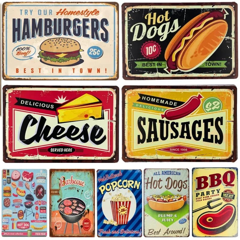 Hot Dog Industrial Metal Plates Printed Vintage Posters Kitchen Wall Decoration Fast Food Shop Plate Wall Art Iron Plate Painting