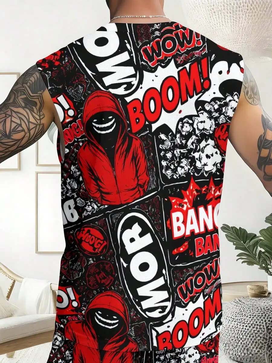 Graphic Hoodie Man Comic Pattern 2026 Summer New Styles Men Wide Shoulder Vest Beach Pants Set 2pcs Machine Washable Casual Fit
