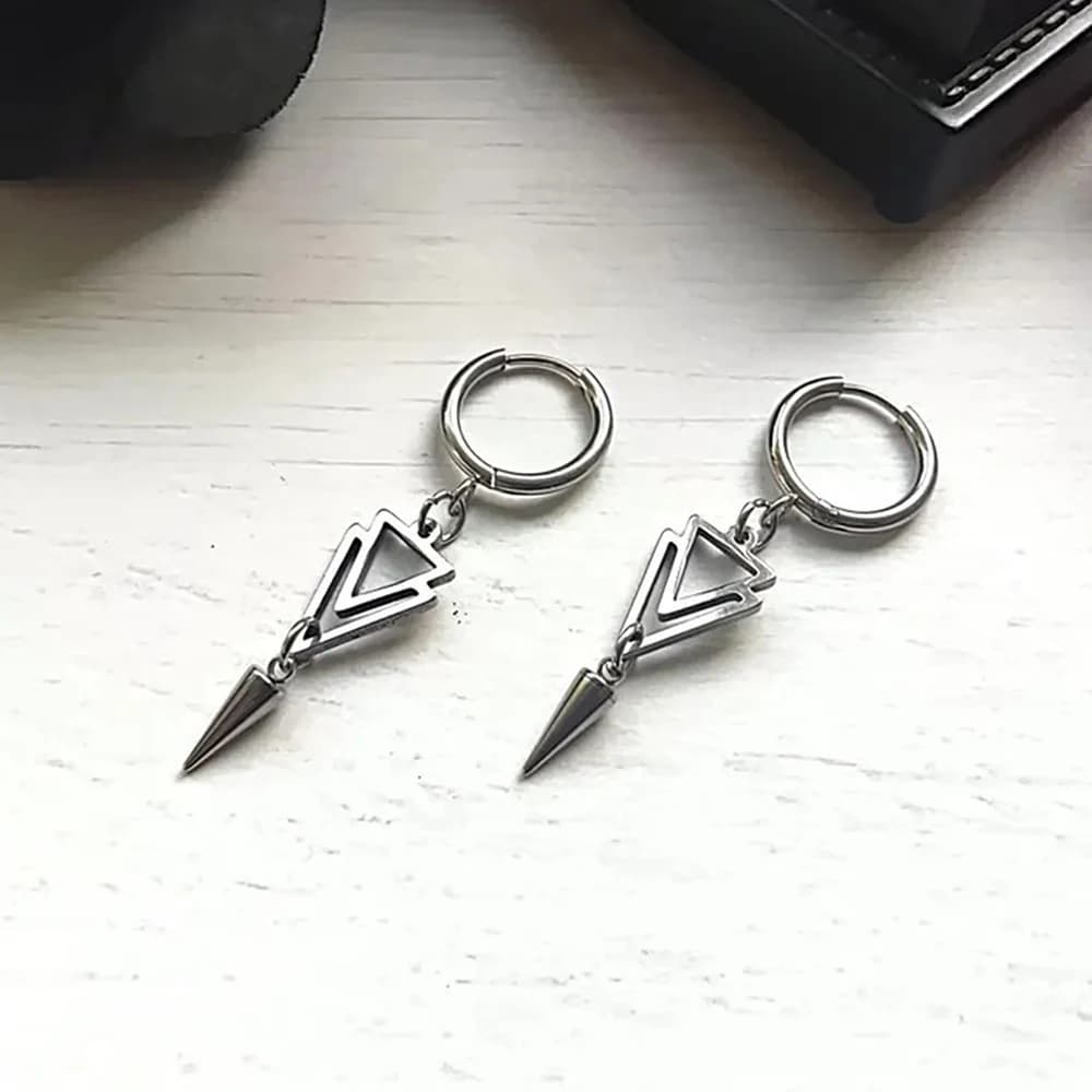 Triangle Geometric Circle Earrings with Stainless Steel Tips, Double Triangle Pendant Earrings with Male and Woman Tips, Punk Street Style