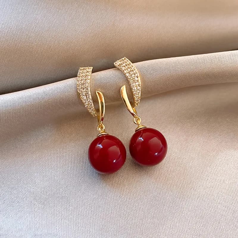 1 Pair of Fashionable Classic Inlaid Rhinestone Red Color Round Bead Earrings, Ladies' Elegant Holiday Party Accessories Jewelry