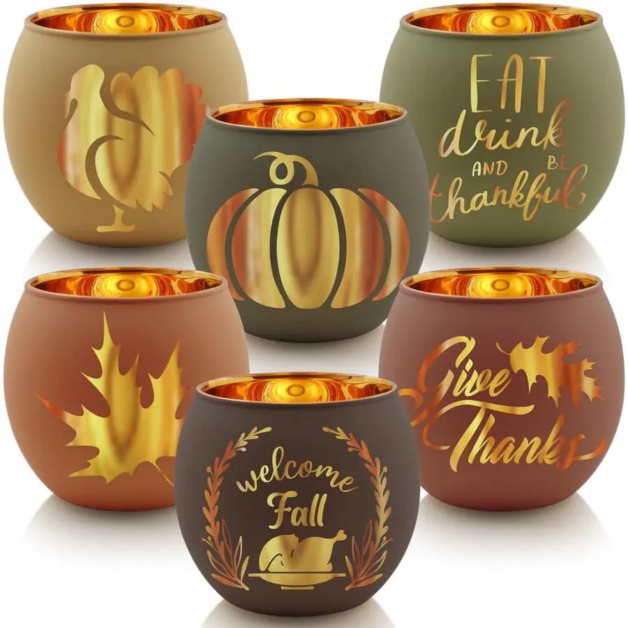 Set of 12 Votive Candle Holder for Thanksgiving, Glass Candle Holder with 6 Patterns Laser Engraved, Autumn Centerpiece