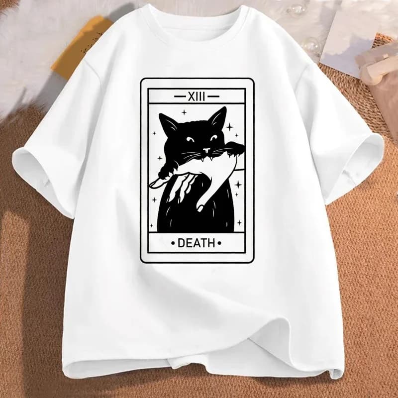 Tarocchi Carta Morte Gatto Magico Carta dei Tarocchi divertente da donna Gatto T-shirt stampata Crazy Lover Cat Donna Harajuku T-shirt a maniche corte