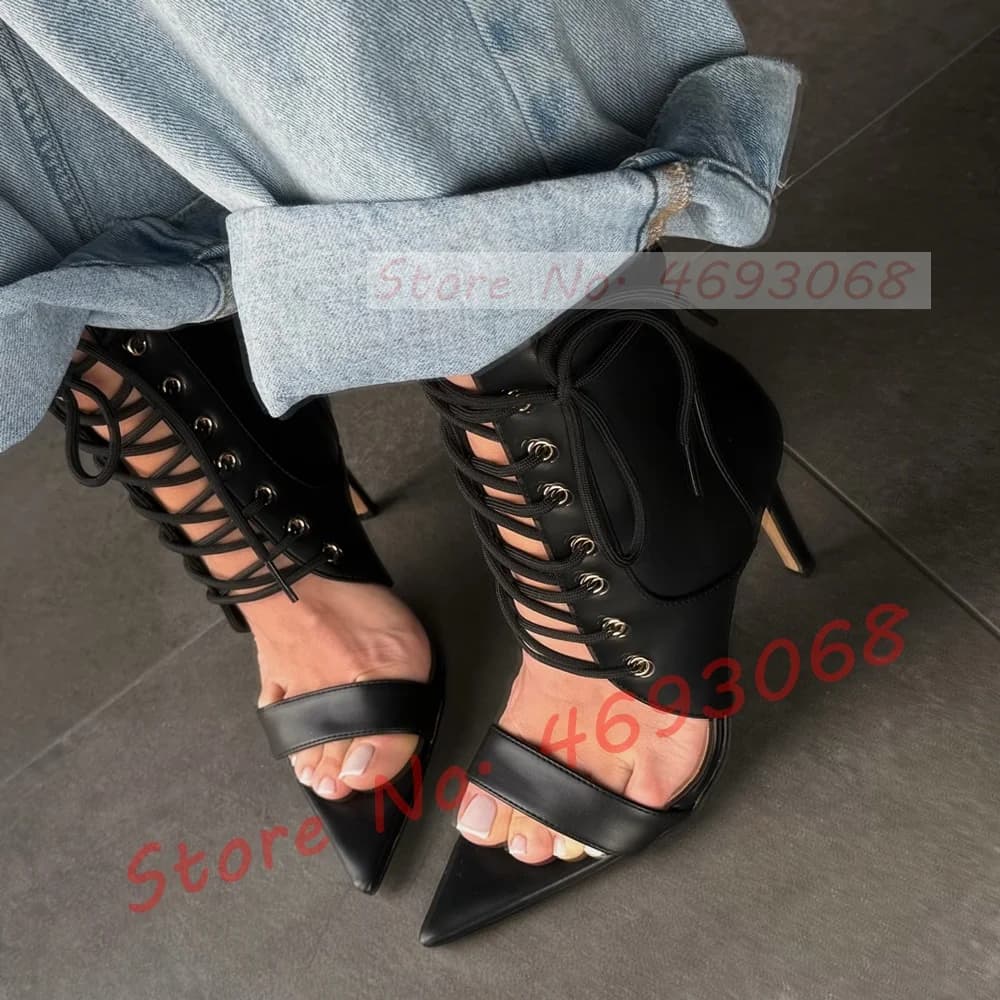Hot Sandals with High Heel and Faceted Toe, Crusade Strap, Black Women's Day Shoes, Streetwear Footwear with Leather Details