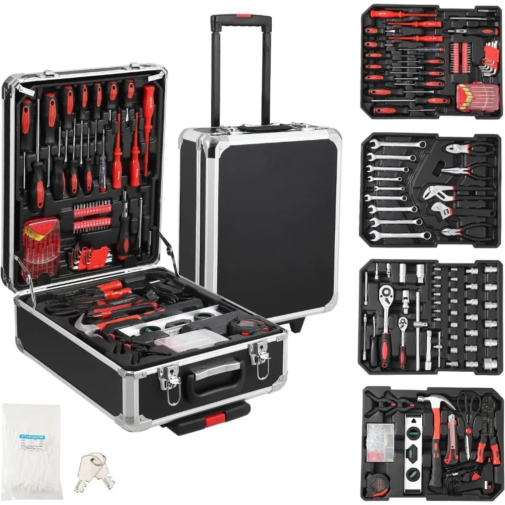 Set di Attrezzi da 800 Pezzi con Valigetta in Alluminio su Ruote, Kit Completo di Chiavi a Bussola per Auto, Casa, Fai-da-Te e Giardino