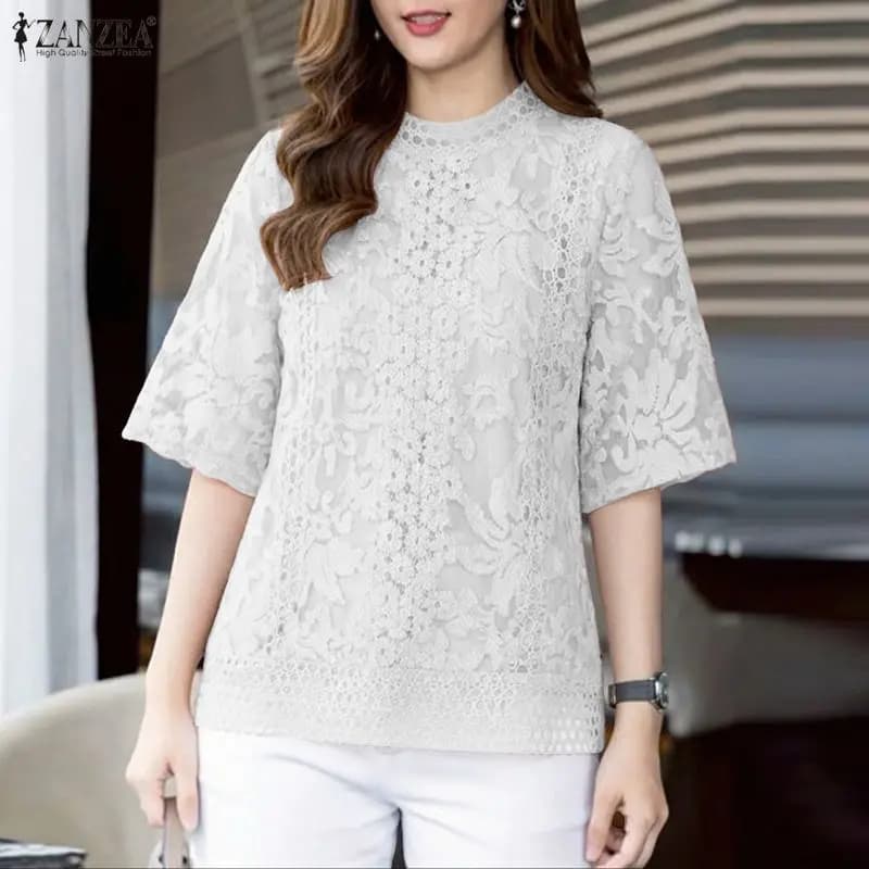 Camicetta Estiva ZANZEA 2026 in Pizzo all'Uncinetto da Donna, Casual, Ricamata, Patchwork, Elegante, a Mezza Manica, Scavata, per Vacanze e Lavoro
