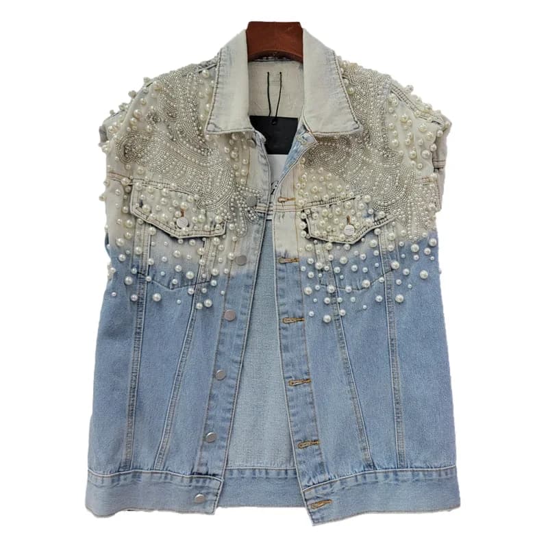 Perline Perla Tasca grande Tie Dye Colore a contrasto Gilet di jeans da donna Gilet da cowboy allentato Giacca di jeans senza maniche moda Donna