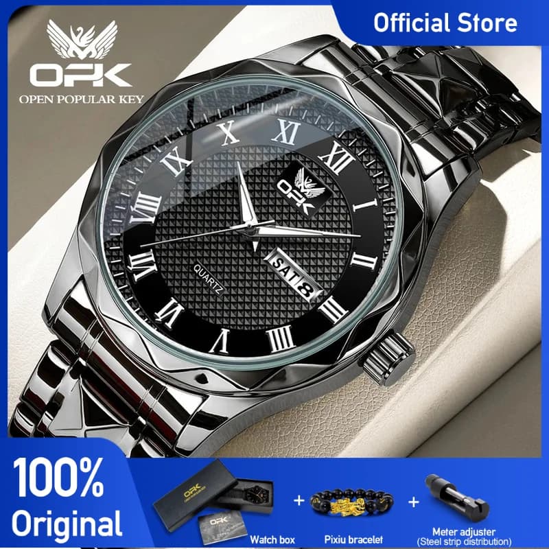 OPK Men's Watches Grid Dial Roman Numerals Fashion Trendy Original Wrist Watch Waterproof Bright Staianless Date Week reloj