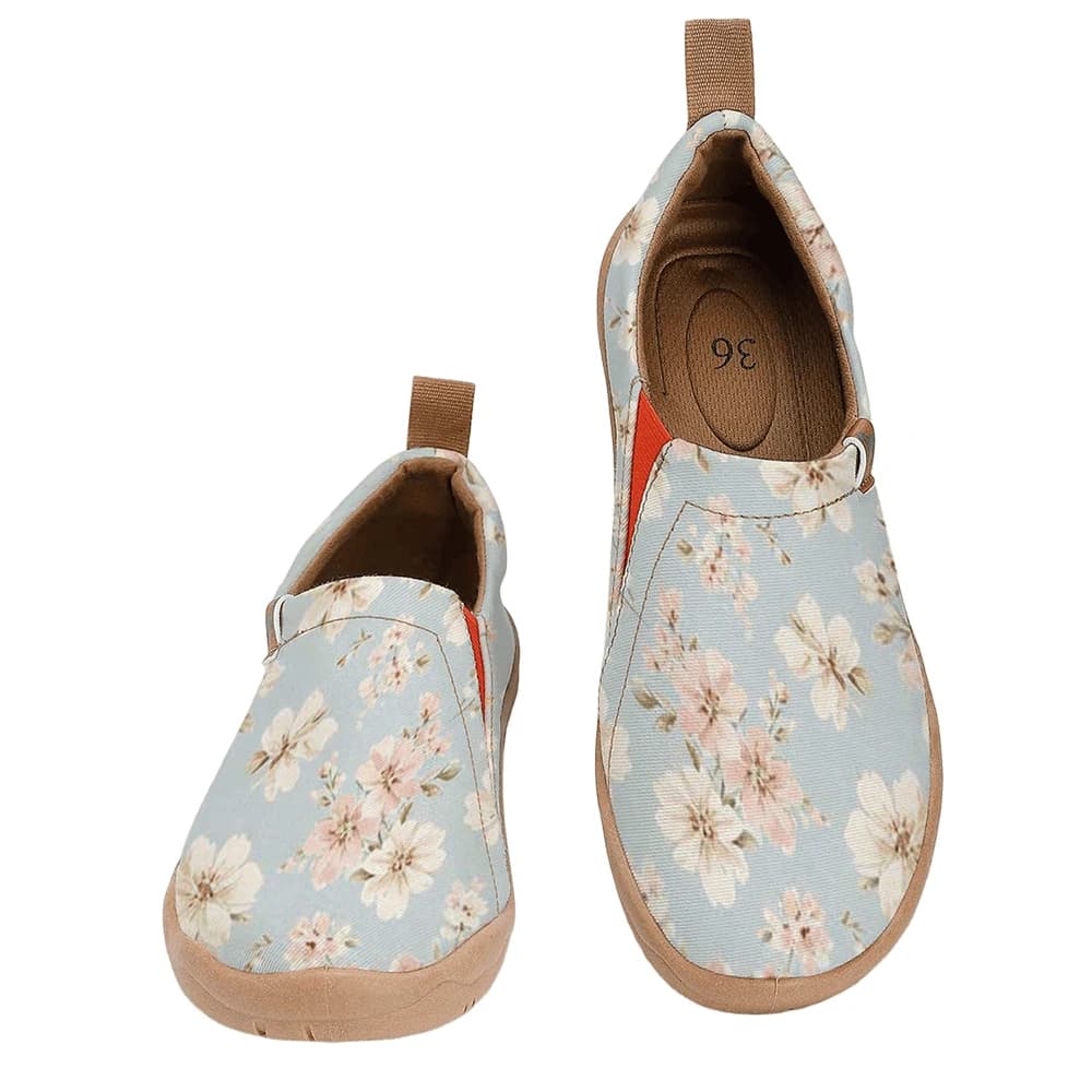 Women's Wide Toe Box Light Blue Cherry Blossom Floral Print Slip‑On Shoes, Soft Sole Breathable Canvas Casual Walking Flats