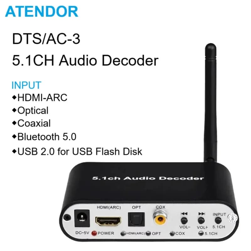 DTS AC-3 Decodificatore audio 5.1CH Convertitore digitale-analogico Compatibile con HDMI ARC/Spdif/Coassiale/Bluetooth 5.0/USB Ingresso flash 2.0/5.1