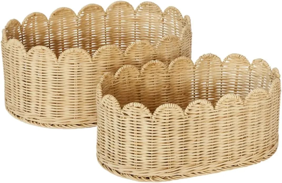 Set di 2 Cesti Portaoggetti in Rattan Intrecciati a Mano con Bordo Ondulato - Cesti Ovali 16x10x7 Pollici per Cameretta, Bagno, Camera da Letto