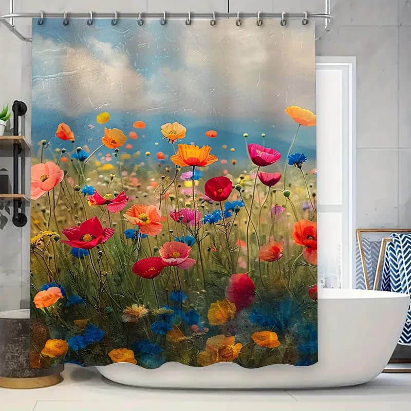 Tenda da doccia ispirata all'acquerello con vivaci disegni floreali, perfetta per l'aggiunta di un pop di colore al bagno # arredamento bagno