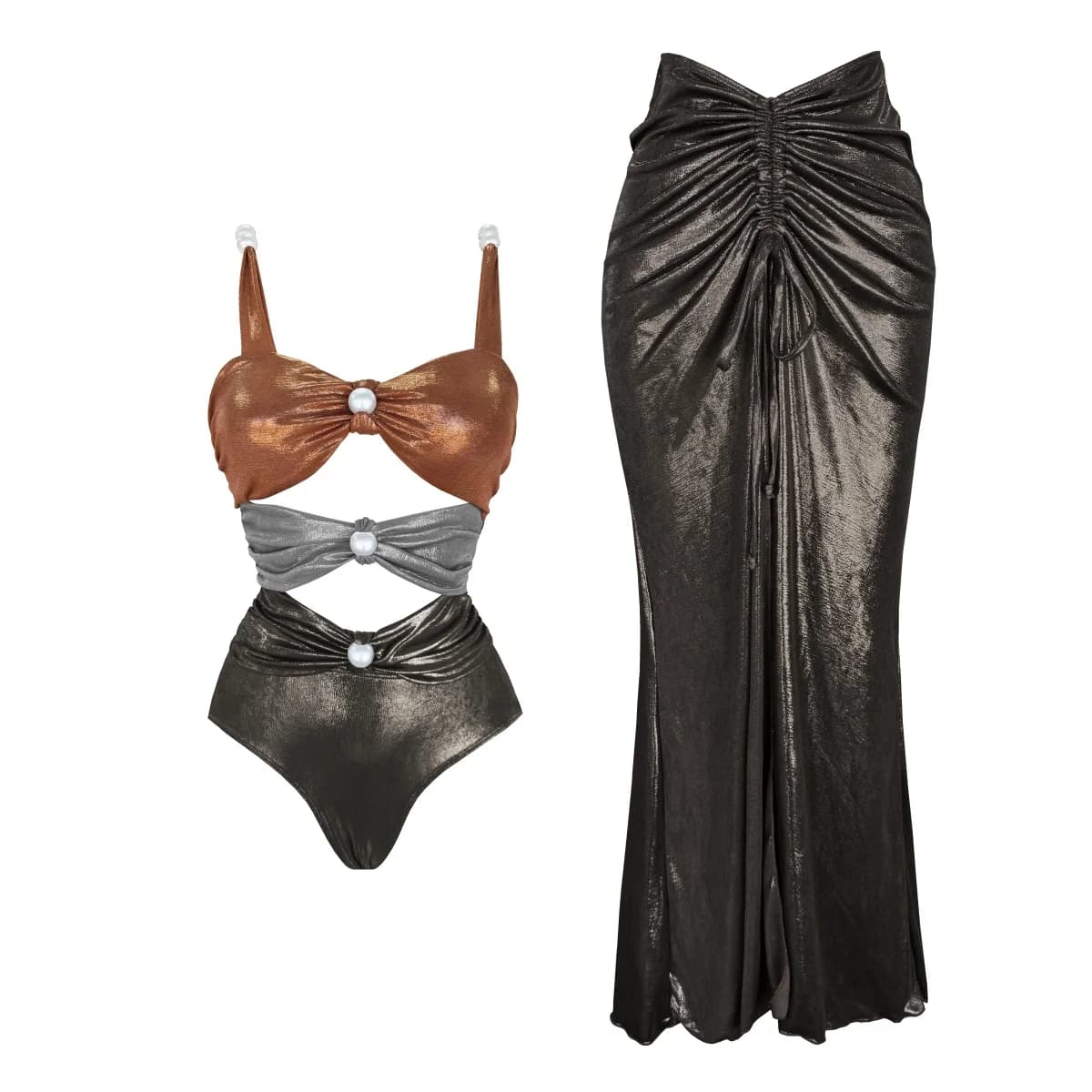 2Pcs Hollow Swimsuit Women Sexy Swimwear 2025 New Bikini With Skirt Female Biquini Push Up Swim Suit Bodysuit Beachwear Cover Up